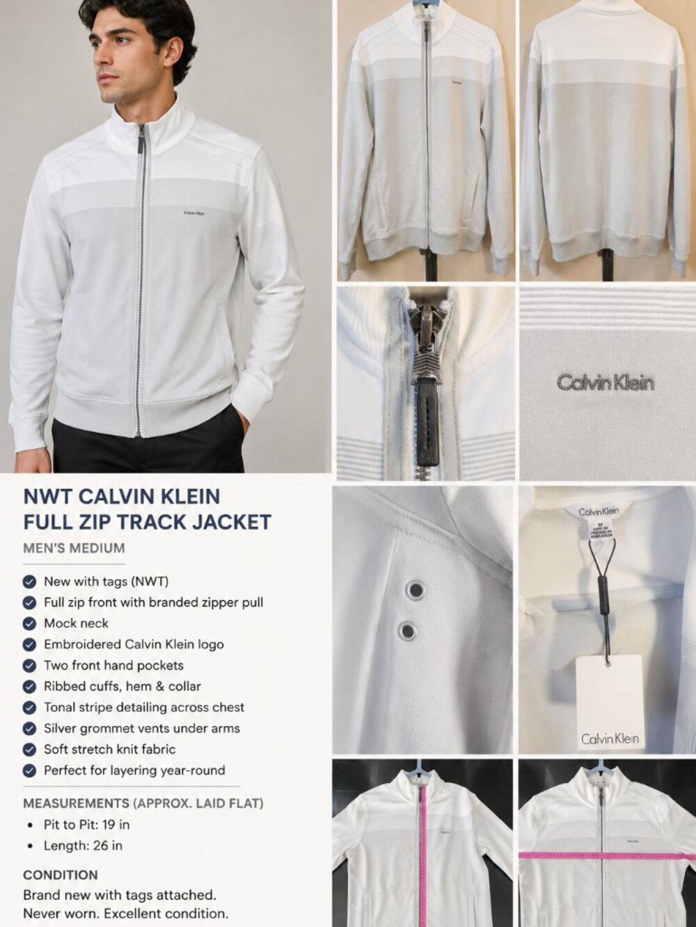 NWT Calvin Klein Full Zip Track Jacket White Men's Medium Mock Neck